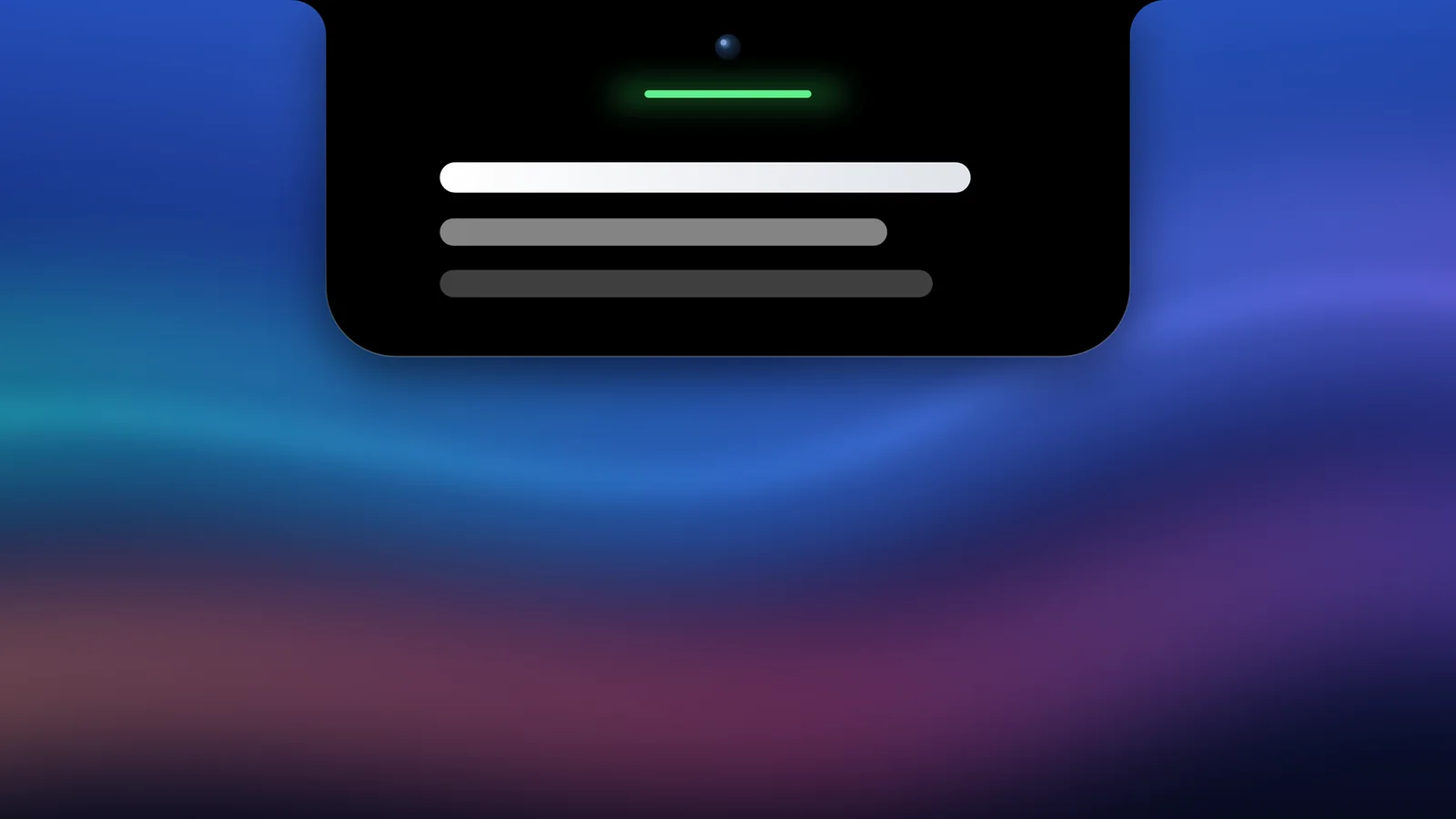 The Lenslines notch hanging from the top edge of a screen, with a green voice beam glowing under the camera