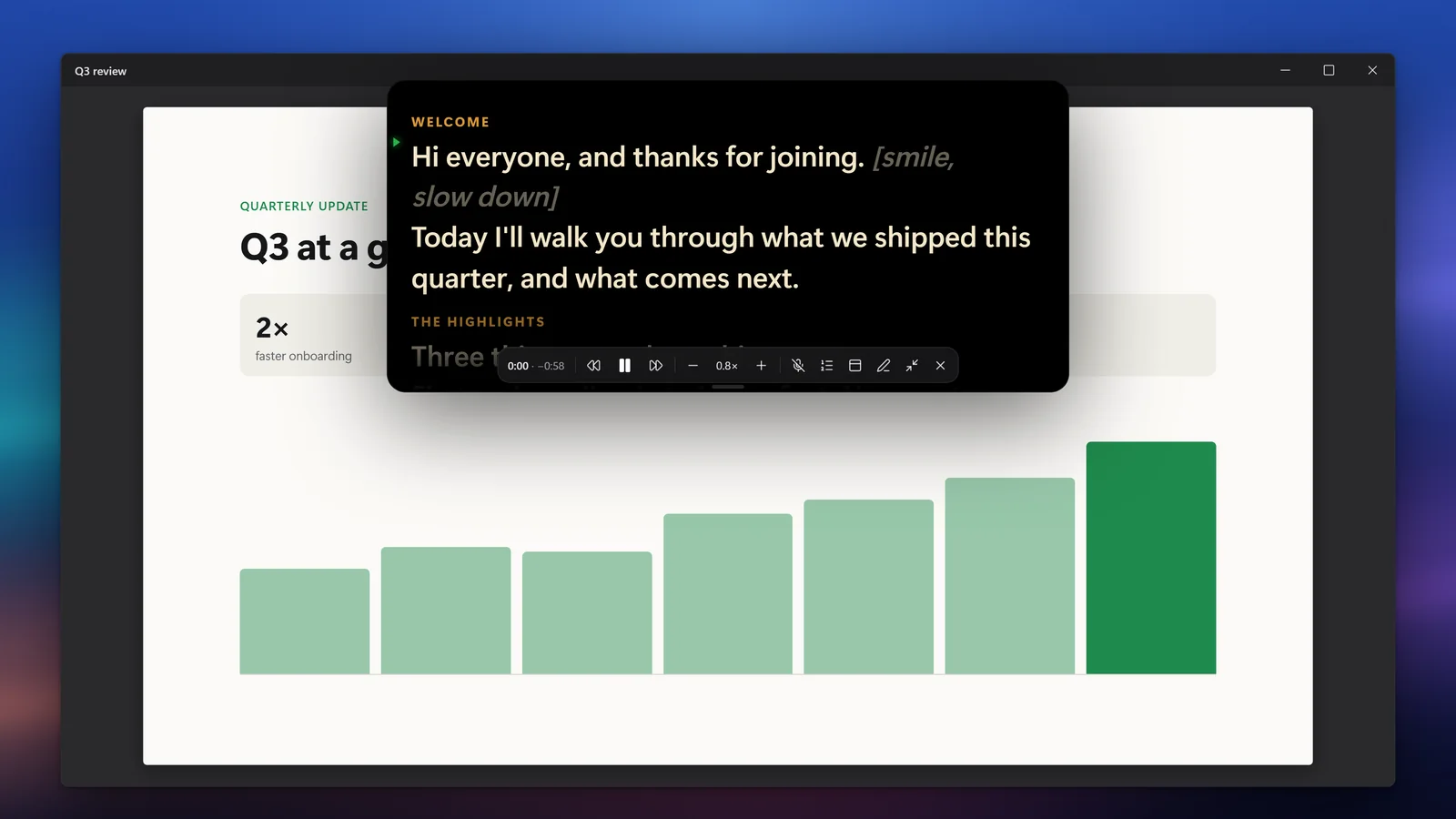 A floating Lenslines prompter window over a presentation slide