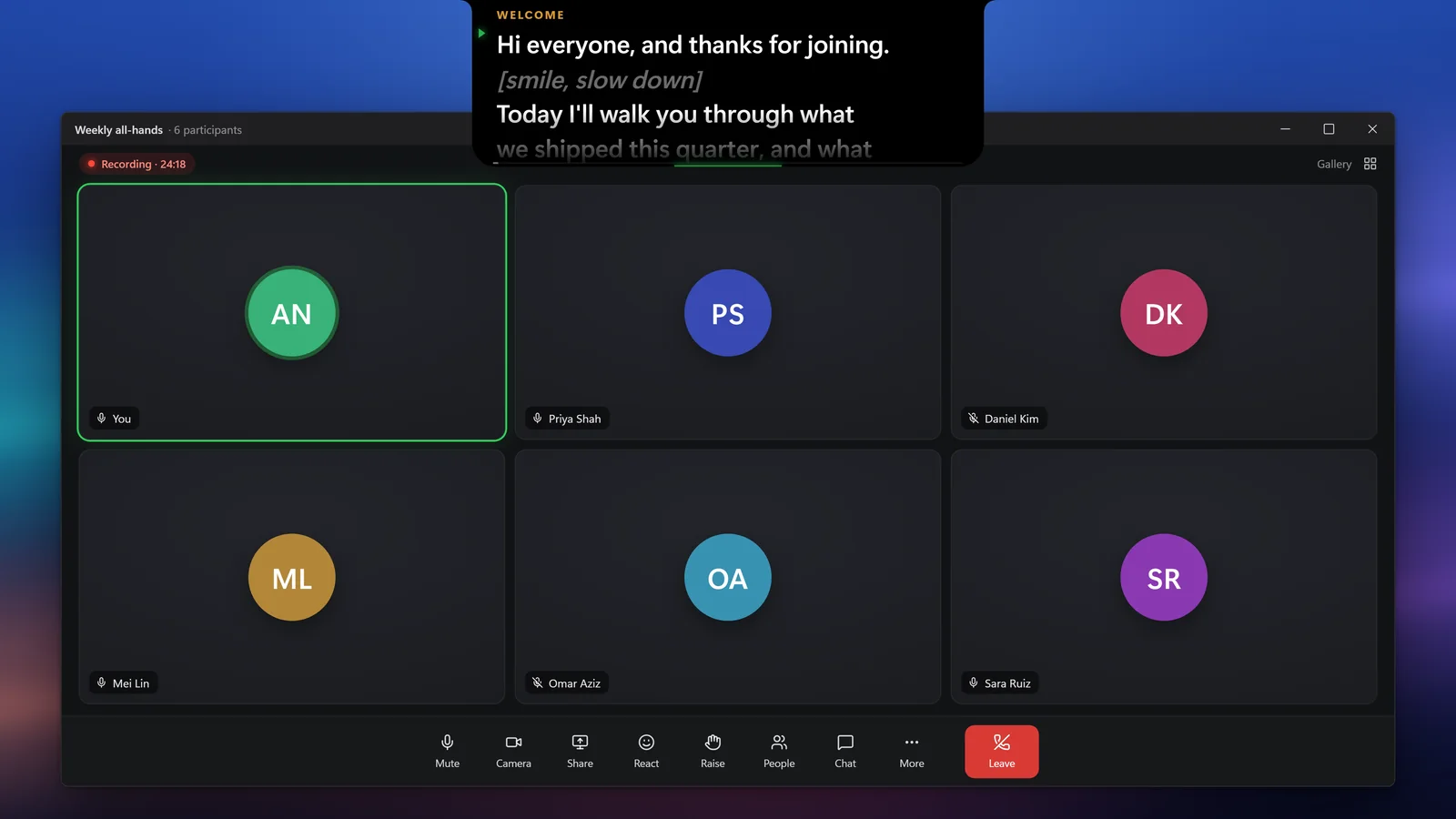 The Lenslines notch at the top of the screen showing a script, above a video call with six people