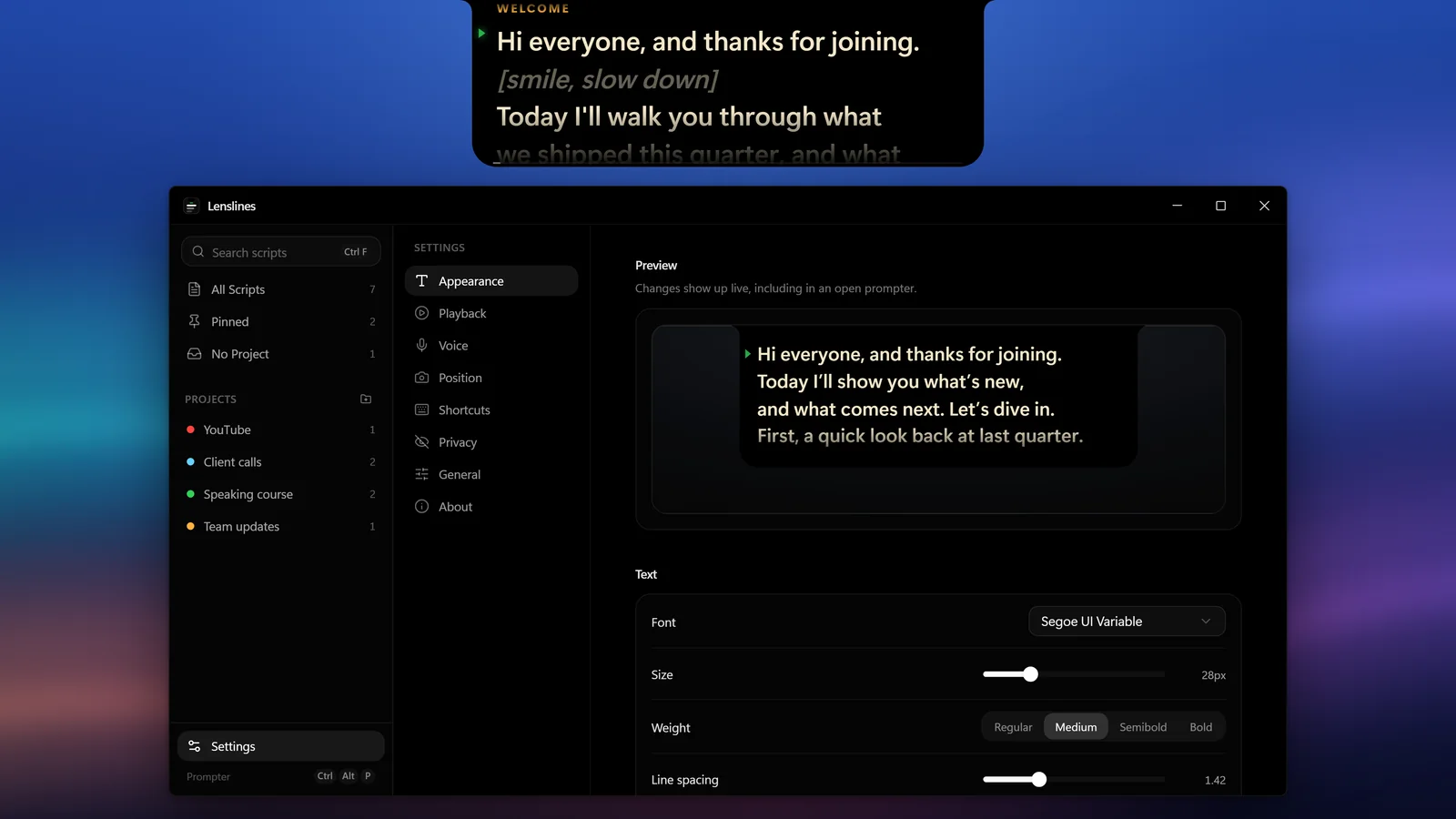 The Lenslines appearance settings with a live preview of the prompter text in a warm color