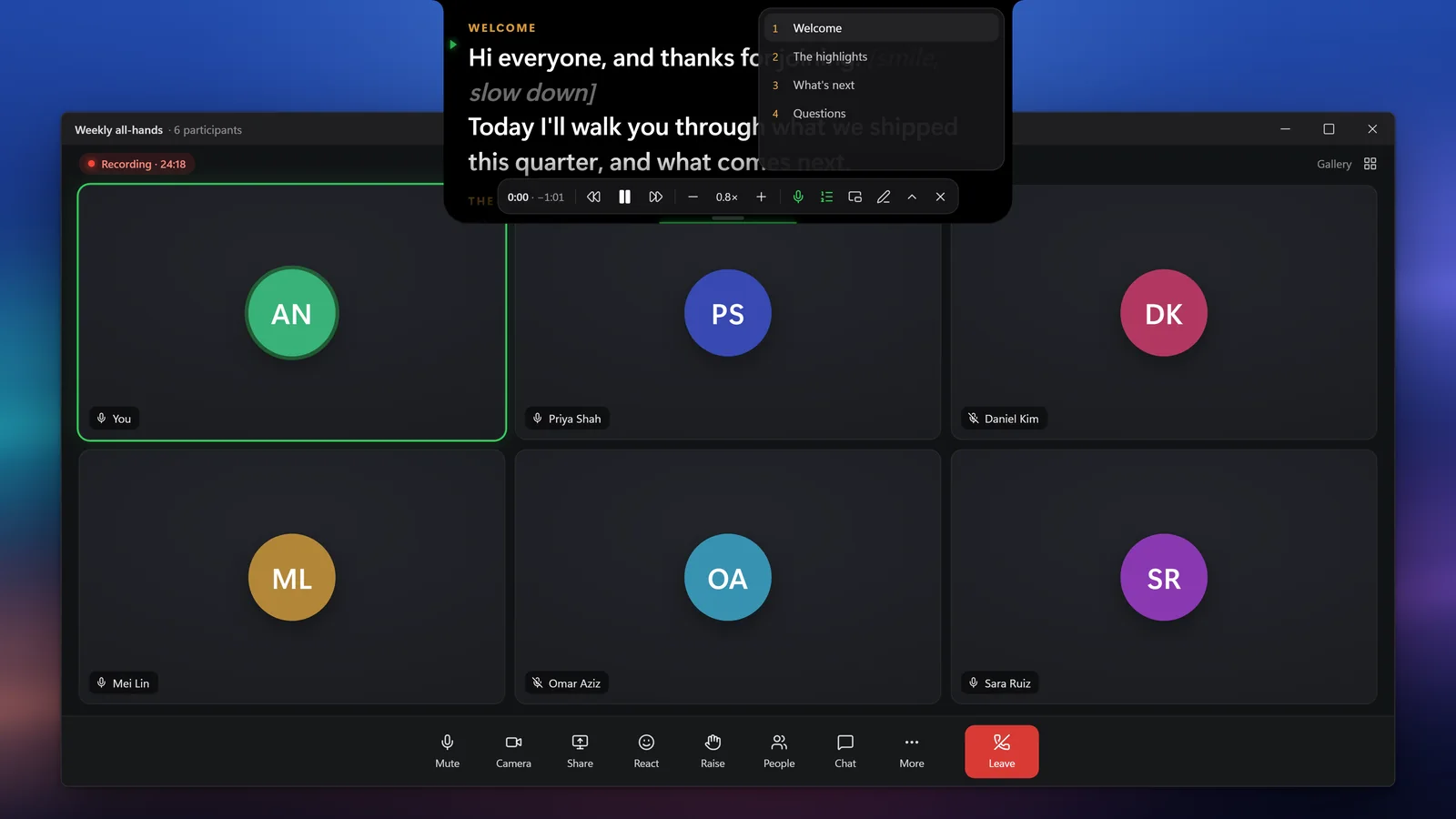 The Lenslines notch with its playback controls showing and a list of cues open over a video call