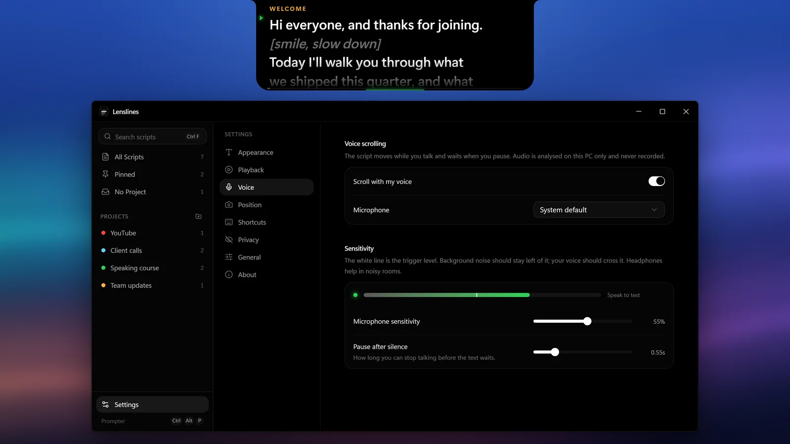 The voice scrolling settings in Lenslines with a live microphone level meter and a sensitivity slider